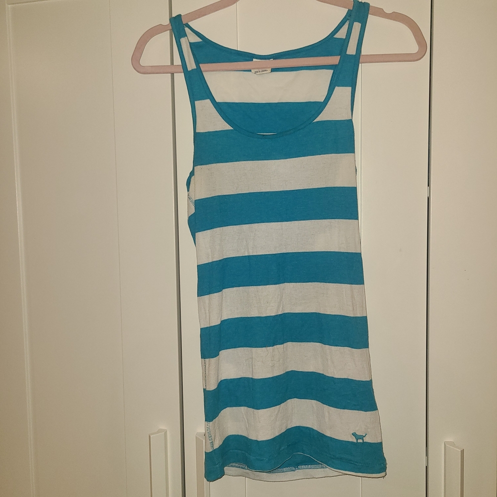 PINK Victoria's Secret Fitted White and Blue Stripe Y2K Tank Top L
